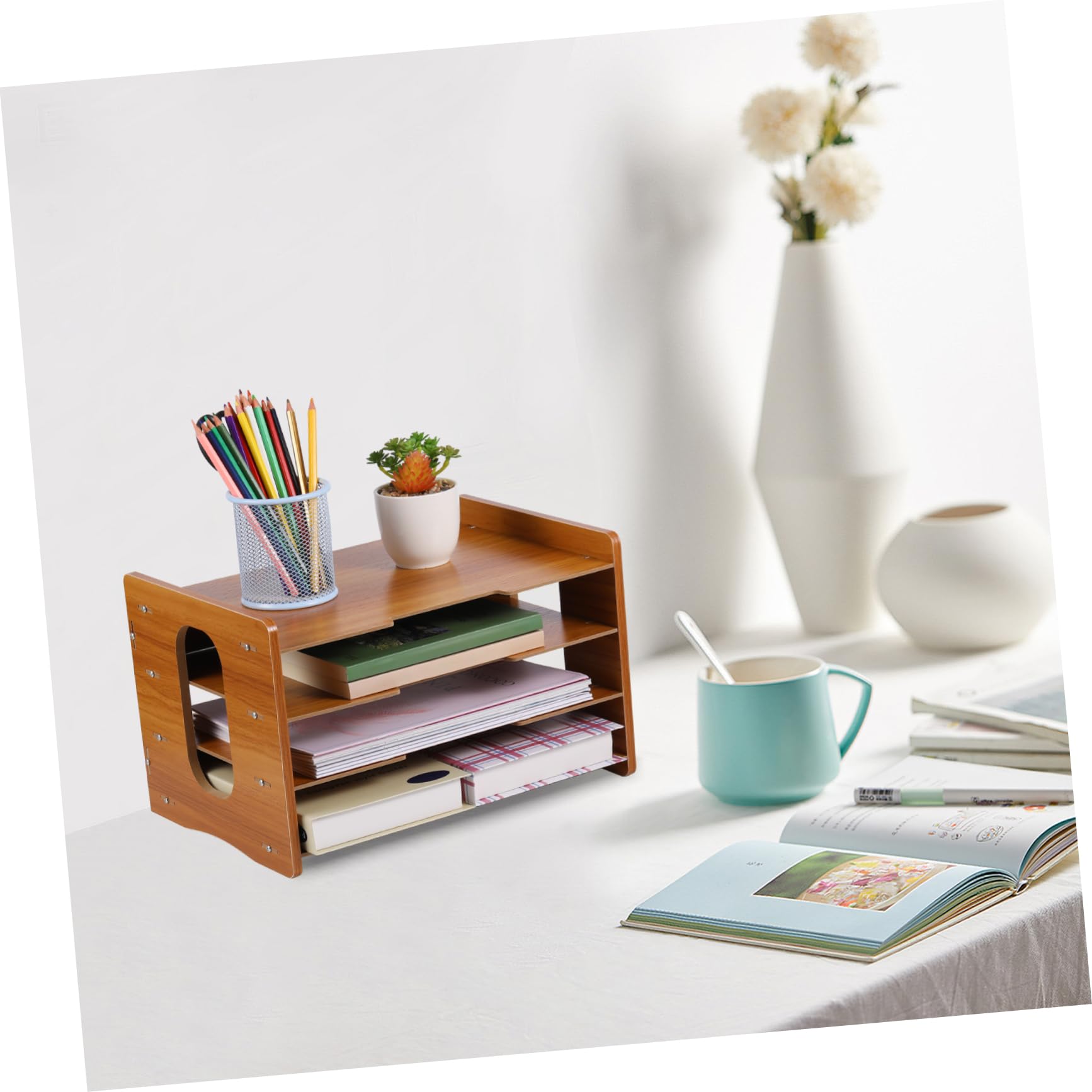 Organizador de Correo de Encimera 4 Capas Diseño Vertical para Oficina y Hogar, Clasificador de Papel de Madera para Documentos, Facturas y Revistas