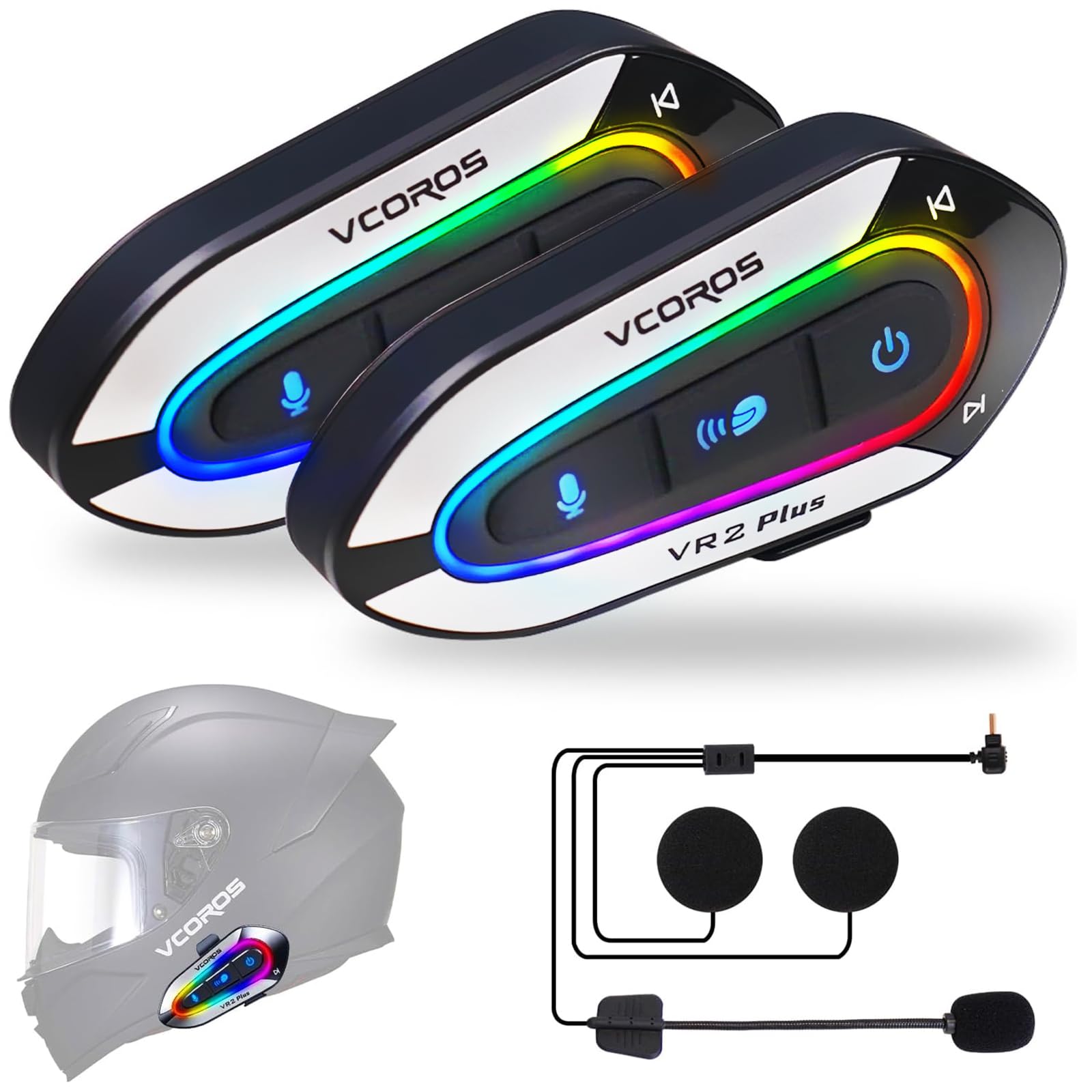 VCOROS Interfono Moto VR2 Plus,Interfono Casco Sistema di Comunicazione per 2 Persone Entro 500m,Impermeabile IP56,Auricolare Casco Moto Supporto Chiamata Vocale Controllo Musica (2Pack Hard Mic)