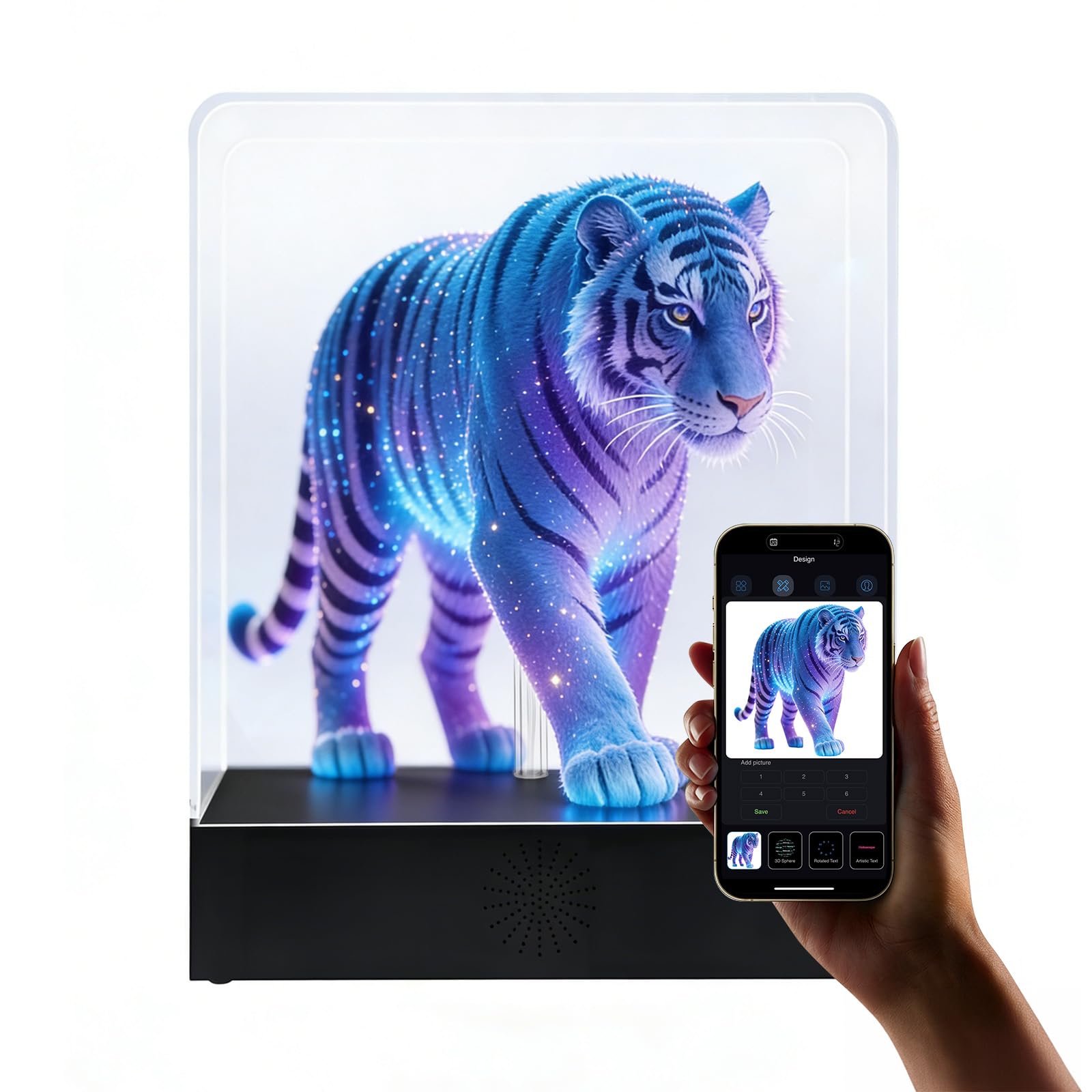 Projektor Hologramowy 3D od MMOBIEL – Wyświetlacz Holograficzny HD z Przezroczystą Obudową, Adapter, Aplikacją WiFi, Bezprzewodowe Przesyłanie Treści i USB-C – Wyświetlacz do Sklepu, Eventów i Targów