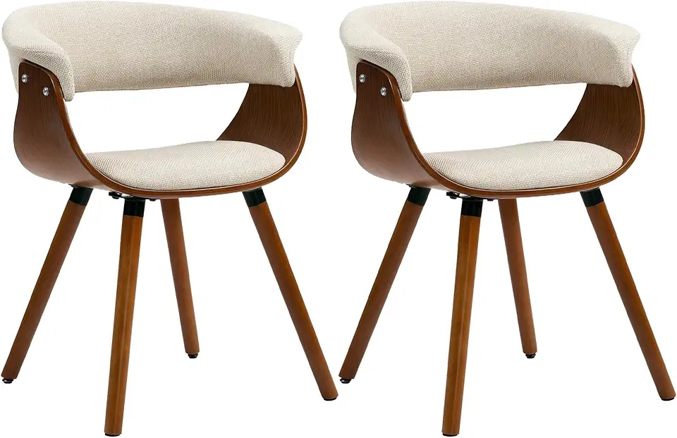 HOMCOM Lot de 2 chaises de Salle à Manger, chaises de Cuisine rembourrées avec Dossier incurvé et Pieds en Bois Massif, Tissu Effet Lin, pour Salon, Maison, Beige