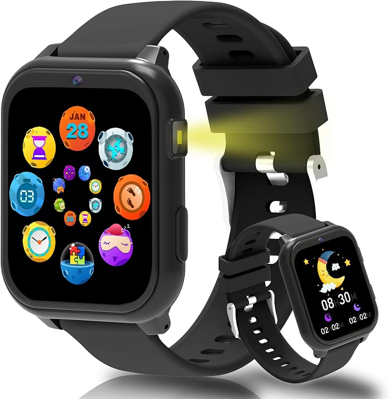 Reloj inteligente para niños, rastreador de actividad física con esfera DIY de 1,83 pulgadas, no necesita teléfono/aplicación, 18 juegos y cámara, contador de pasos de calorías IP68, monitor de sueño, alarma, linterna, gran regalo de cumpleaños de Navidad para niños y niñas (negro)