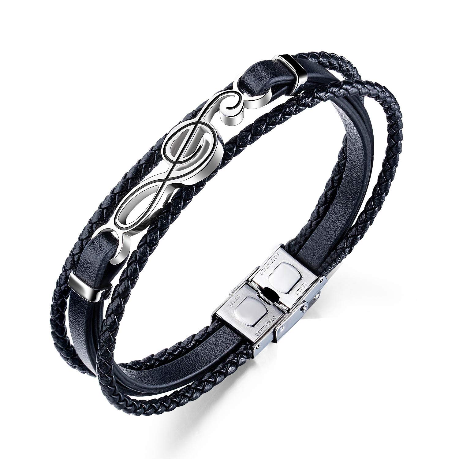 ESTUYOYA Pulsera de Cuero y Acero Inoxidable Exclusivo Diseño Nota Musical con Cierre de Seguridad Antiperdida Tamaño Ajustable Amuleto de la Suerte