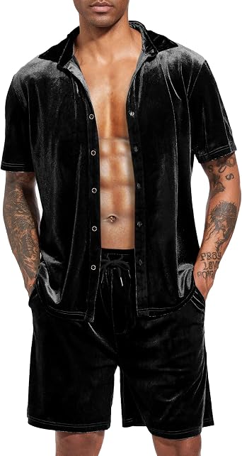 LecGee Men Summer Casual Short Sets Velvet Short Sleeve Button Down Shirt Elastic Waist Shorts 2 Piece Outfits Tracksuit