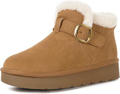 Hsyooes Womens Snow Boots Genuine Suede Leather Mini Boots Anti-Slip Outdoor Winter Ankle Booties Water Resistant Warm Faux Fur Lining,Light Brown,41
