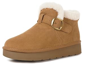 Hsyooes Womens Snow Boots Genuine Suede Leather Mini Boots Anti-Slip Outdoor Winter Ankle Booties Water Resistant Warm Faux