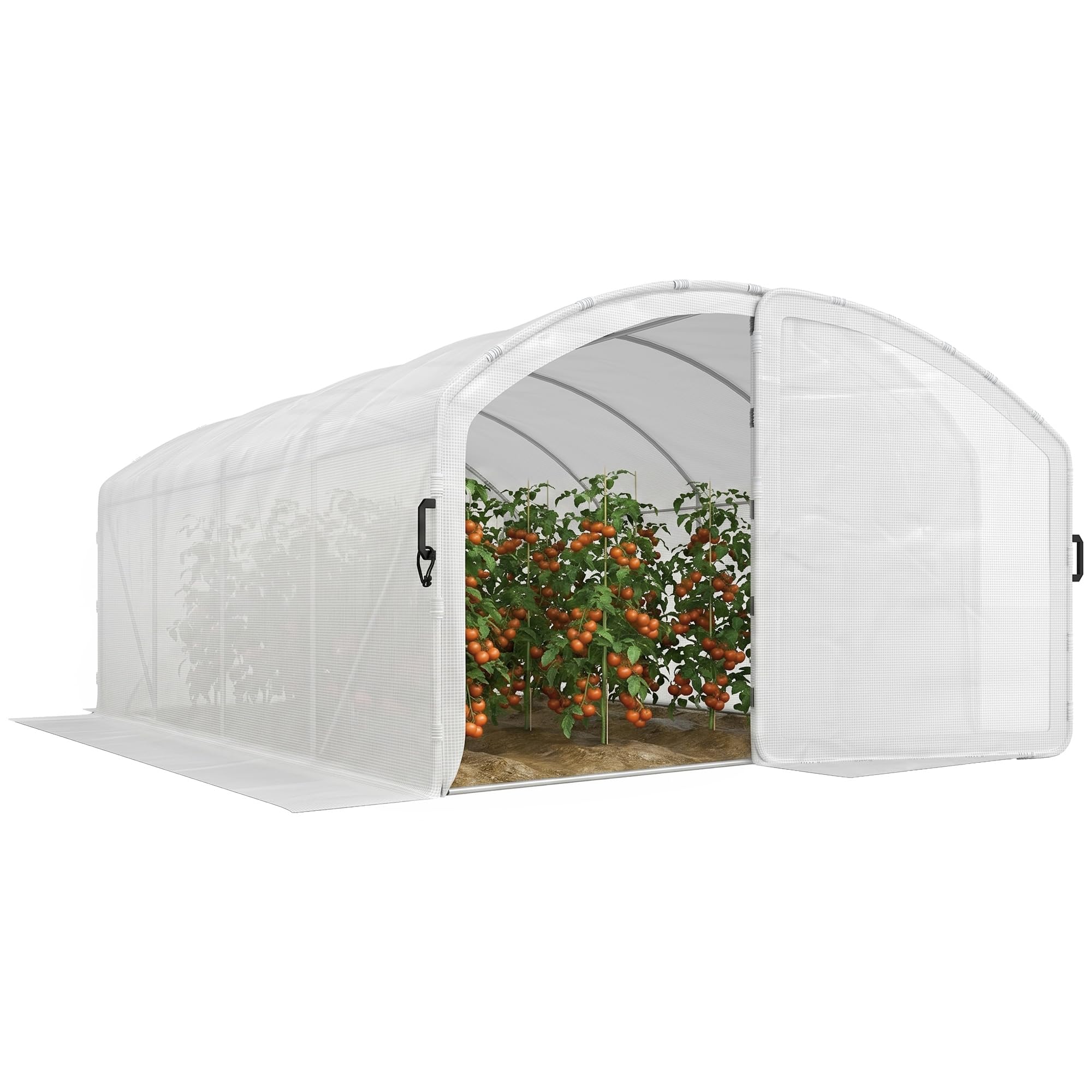 Outsunny 4 x 3 x 2m Polytunnel Greenhouse with UV-resistant PE Cover, Walk-in Grow House Tent with Hinged Door, Galvanised Steel Frame, Clamps, White