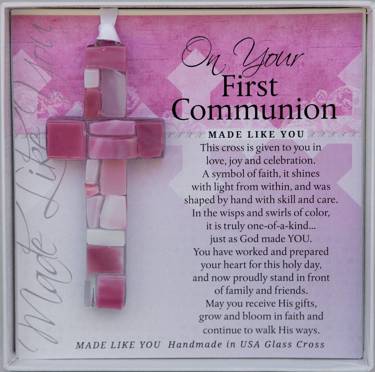 First Communion Gift for Girl - Handmade in USA Pink Mosaic Glass Cross with Sentiment
