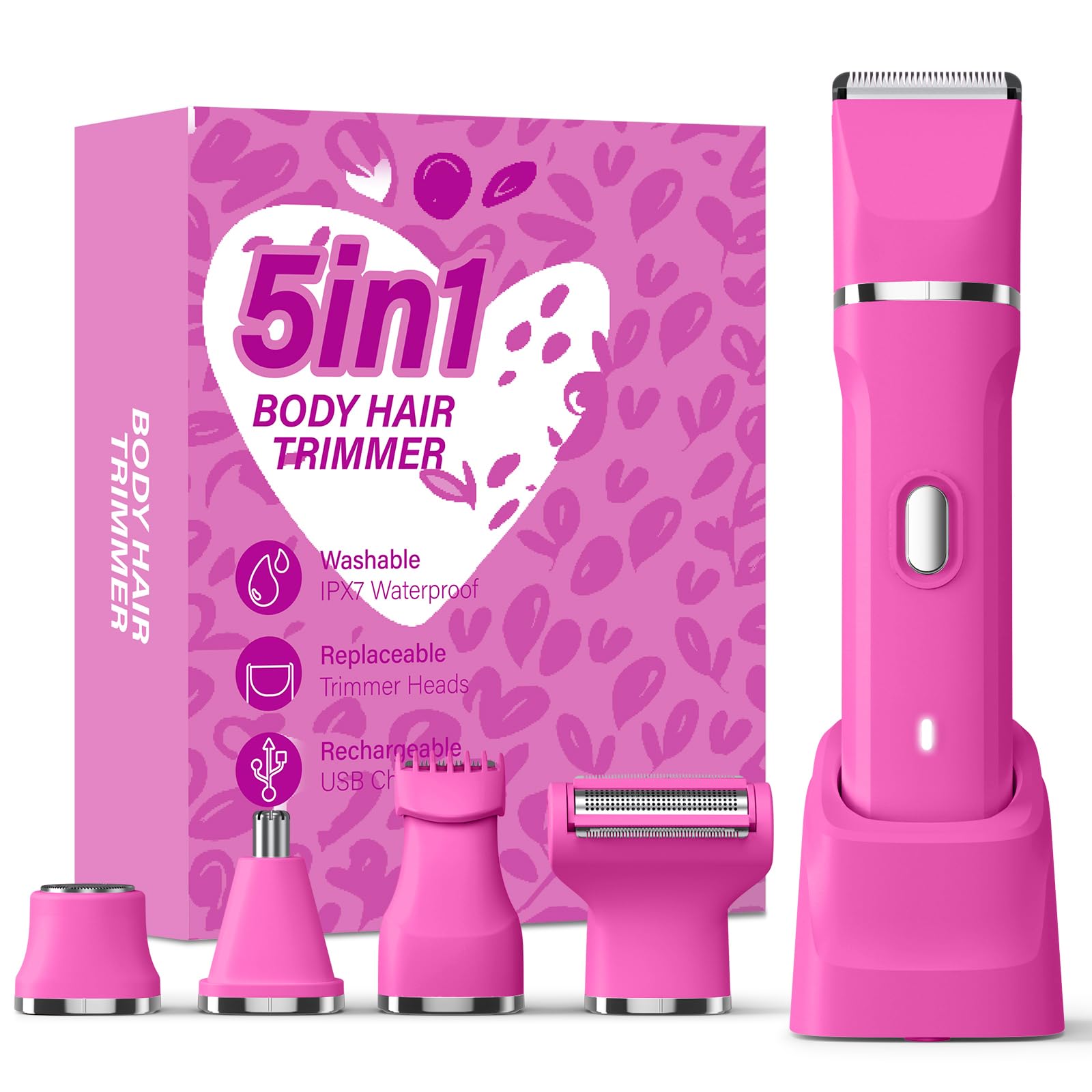 5-in-1 Bikini Trimmer for Women, IPX7 Waterproof Electric Razors Shaver, Cordless Body Hair Trimmer, Facial &amp; Pubic Hair Removal, Ceramic Blade (Magenta)