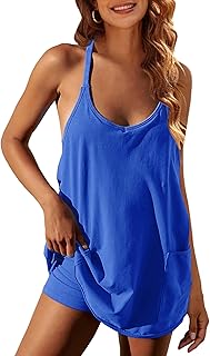Women's Summer Sleeveless Mini Dress V Neck Spaghetti Straps Athletic Built-in Shorts Sundress - Buy now