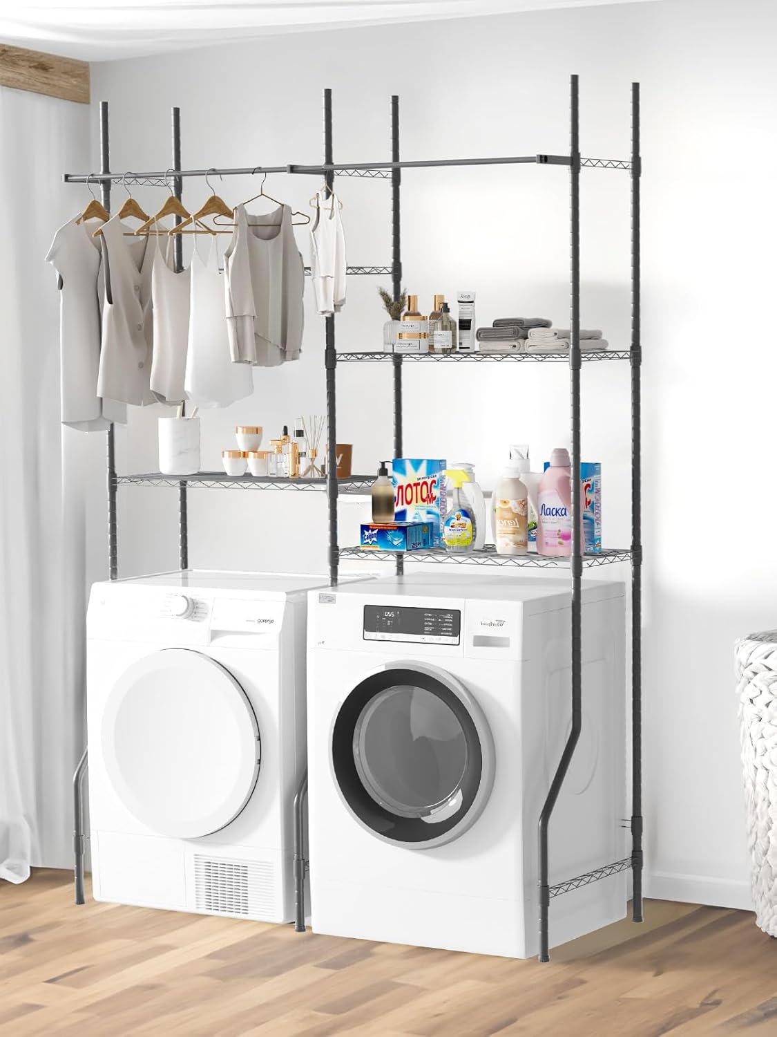 YORKING Clothes Drying Rack, Over The Washer and Dryer Storage Shelf with Adjustable Shelves, Space Saving Drying Rack Easy Storage for Laundry Room(Black M)