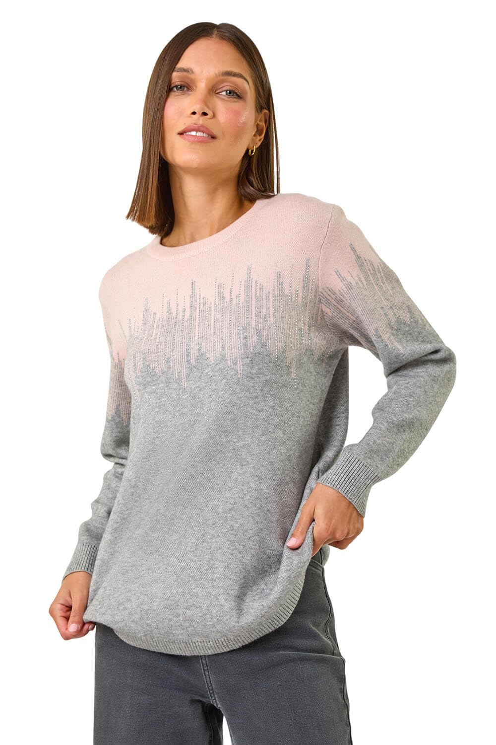 Roman Women's Light Pink Sparkly Colour Block Knitted Jumper Size 12