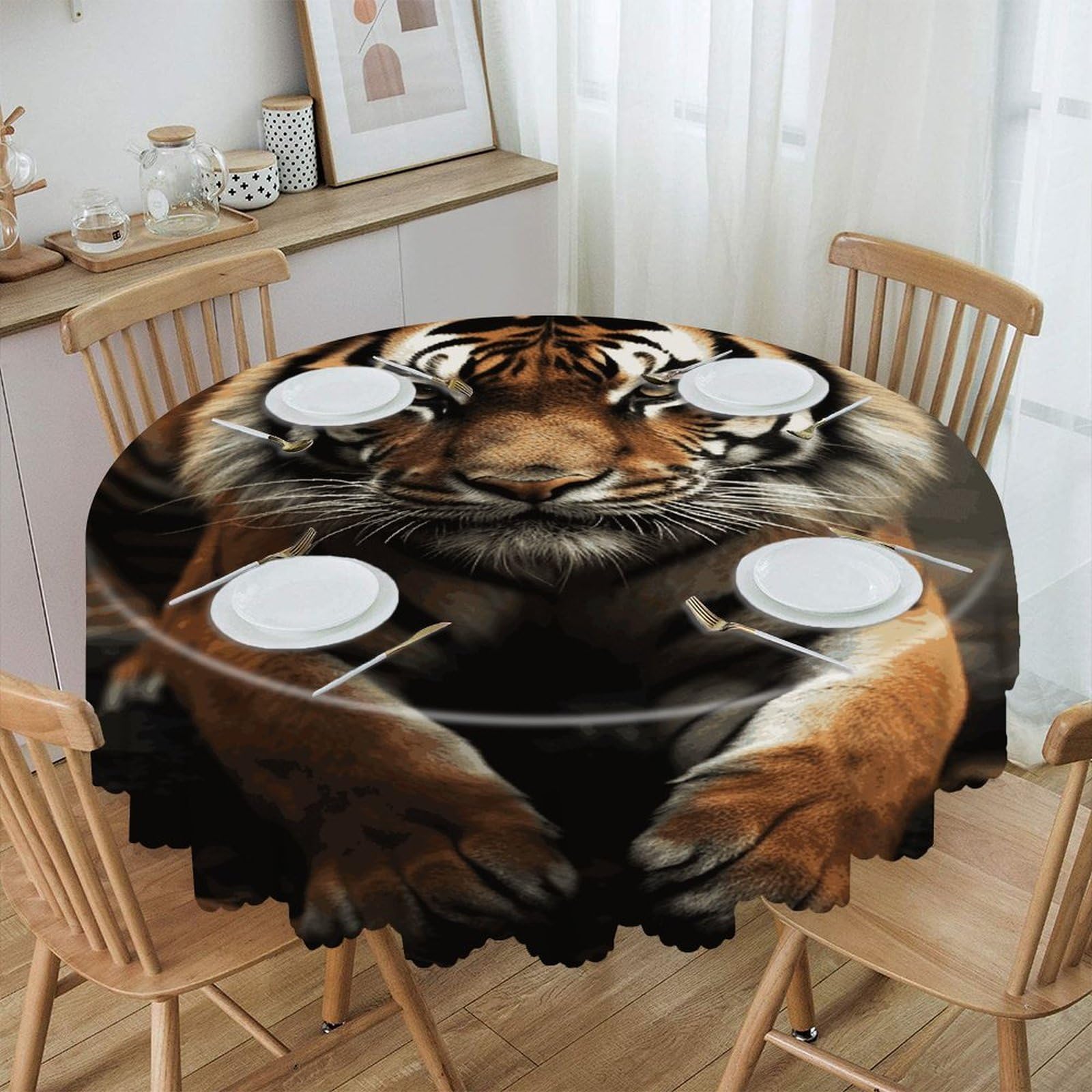 VstaDank Wild Animals Tiger Round Tablecloth 60 Inch Easy to Clean Circle Table Cover Thick Decorative Round Polyester Table Cloth for Dining Kitchen Party Farmhouse Outdoor