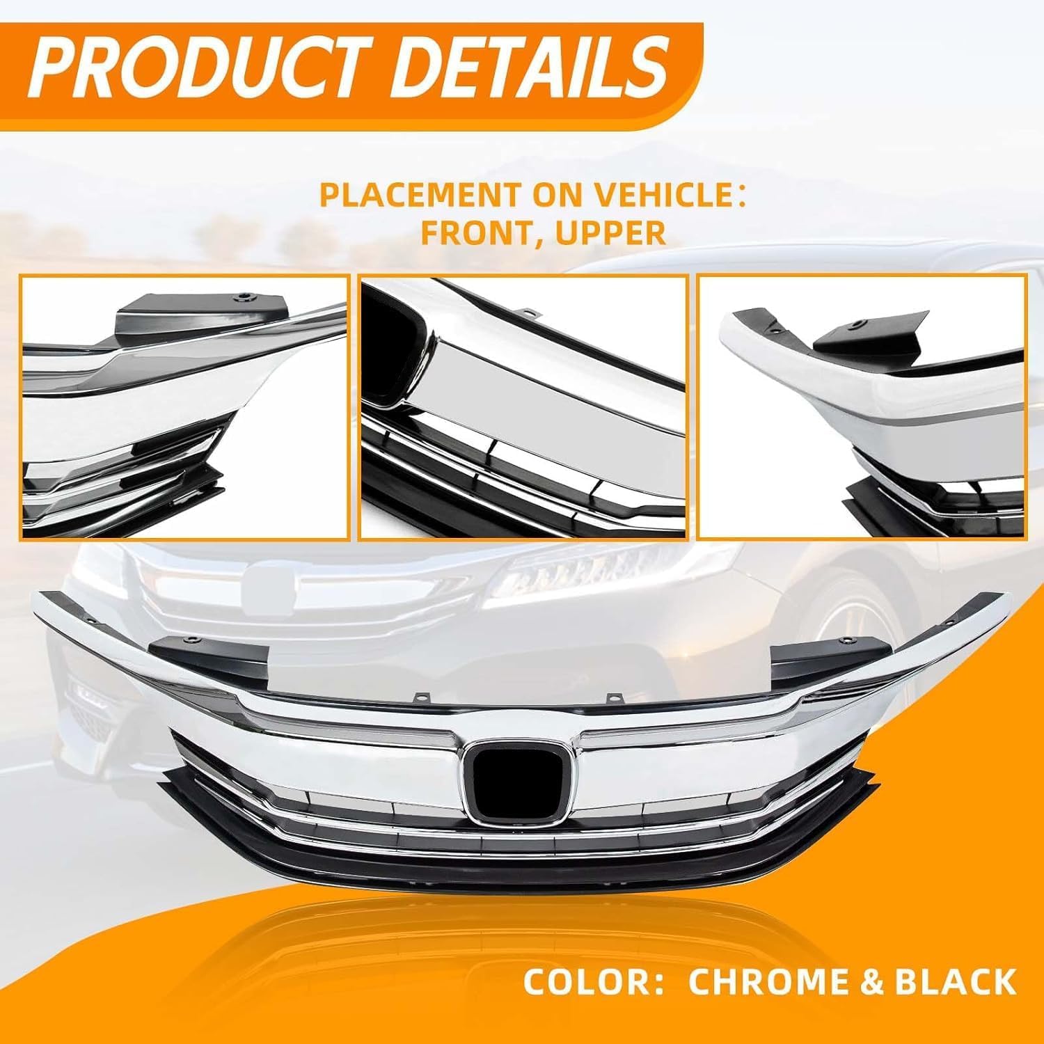 YLT AUTO Fit for 2016-2017 Honda Accord LX EX Sedan 4DR Front Cover Bumper Upper Grille Replacement Shroud Kit Black Front Grid Cover Air Intake with Chrome Trim