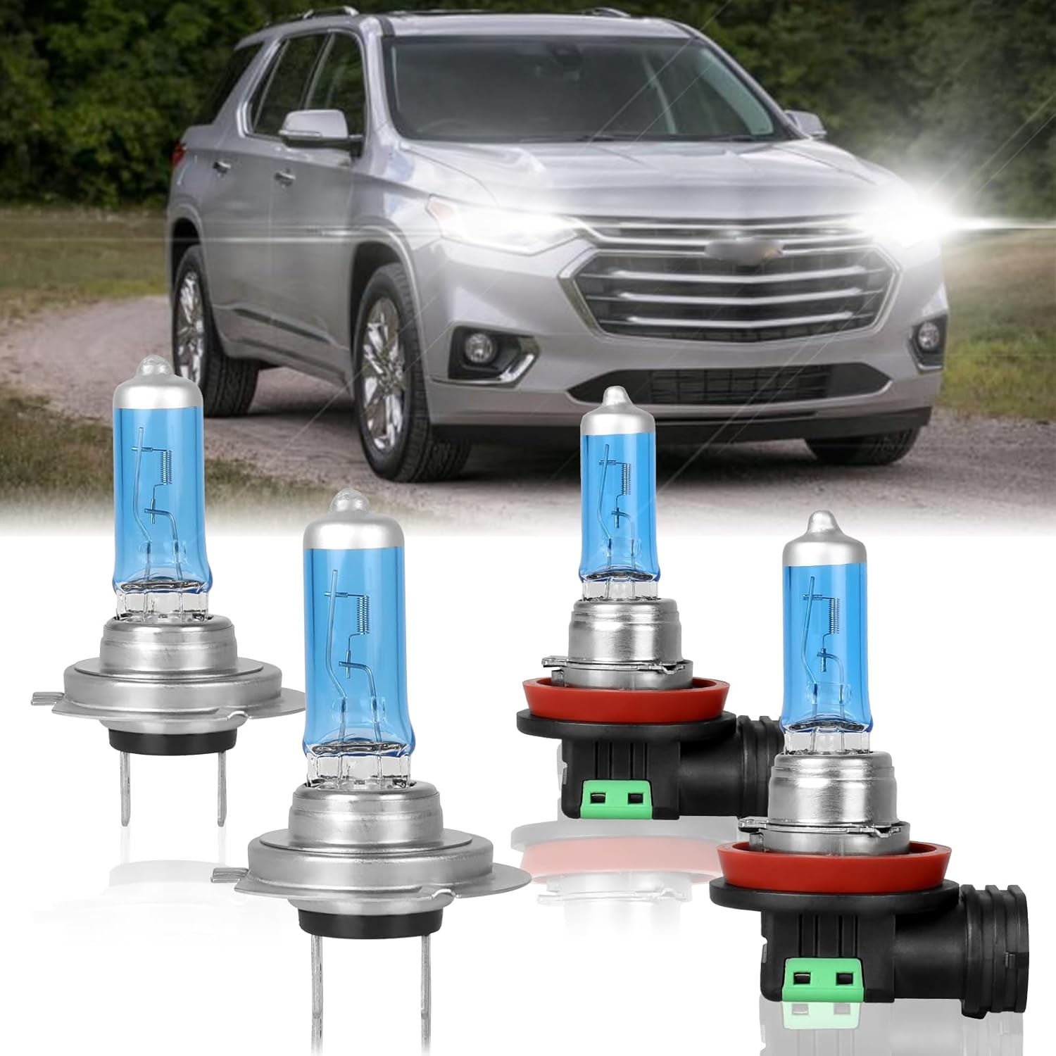 Fit for 2013-2018 Chevy Traverse High Performance Halogen Headlight Bulbs,H7 High Beam + H11 Low Beam Headlamp Replacement Bulbs Kit, Plug and Play,Pack of 4
