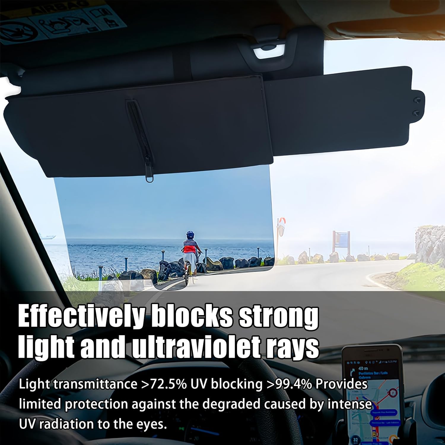 Sun Visor Extender for Car with 2 Side Sunshade, Polarized Car Sun Shade Extension Attachment with Anti-Glare Lens Blocks, Clips and Flexible Straps Design, Adjustable Sunshade Accessories