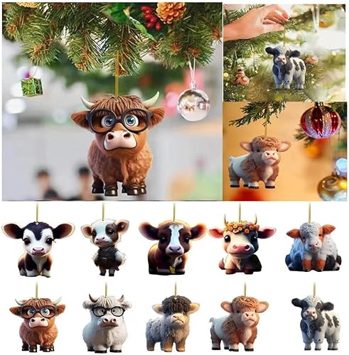 Miniatura 2 de 10 piezas de adorno colgante decorativo de vaca de dibujos animados para bricolaje, adorno de árbol de Navidad, adorable animal, decoración del