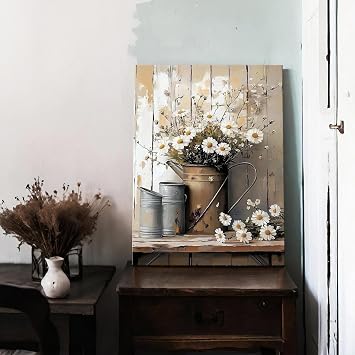 Rustic Flower Wall Art White Daisy Floral Canvas Prints Pictures for Kitchen Wall Decor Vintage Botanical Prints Paintings Poster Retro Farmhouse Artwork for Dining Room Home Decorations 30x40cm
