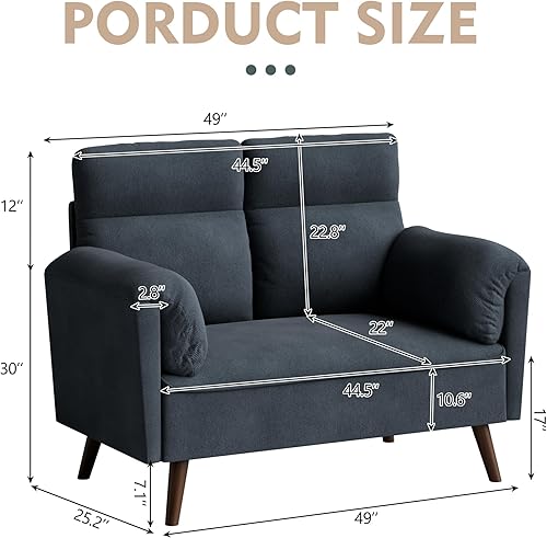 Miniatura 2 de Meilocar Sofá biplaza pequeño de 49 pulgadas, moderno sofá tapizado de lino con respaldo alto, sofá de 2 asientos con patas de madera para espacios
