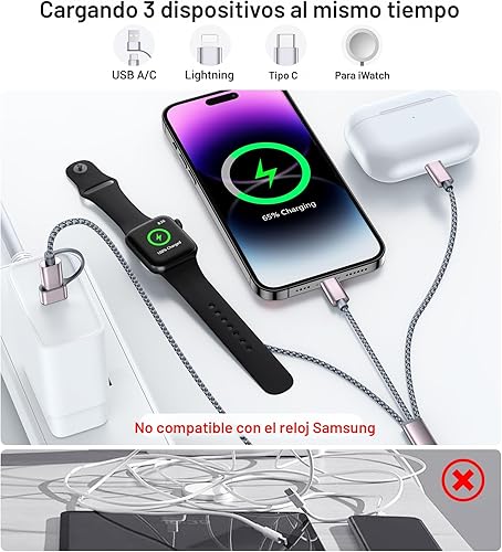 Miniatura 4 de Temdan para artículos esenciales de viaje, cable USB C 3 en 2 para cargador de Apple WatchiPhone 17Lightning, cable de carga múltiple, esenciales de