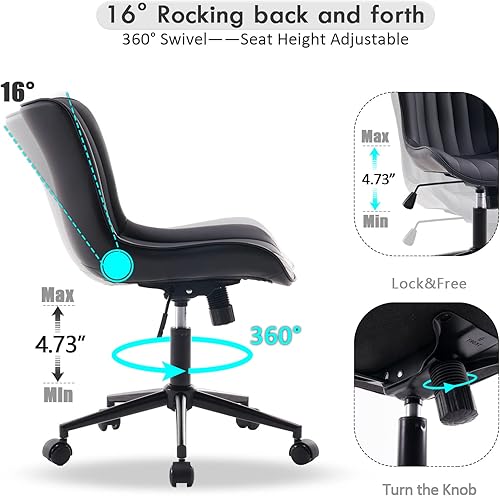 Miniatura 3 de YOUNIKE Silla de escritorio compacta negra para oficina en casa con ruedas, cómoda silla de tocador sin brazos con respaldo mecedora ajustable,