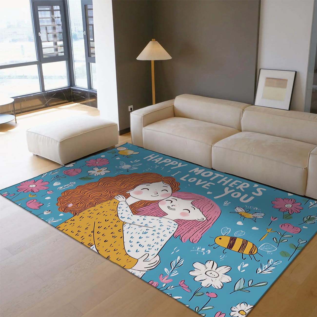 Tapis maman et fille doux pour célébrer la tendresse familiale au salon