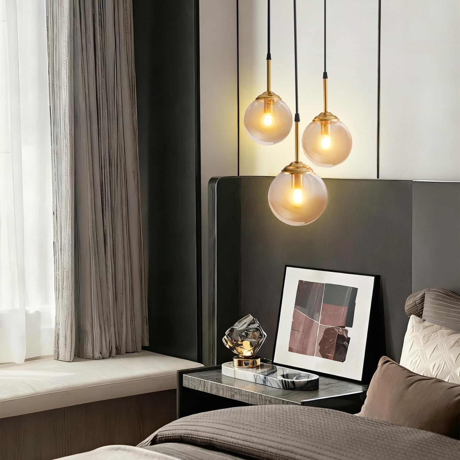 Lampadario in metallo di lusso moderno Nordic Creative Lampada a sospensione a sfera in vetro trasparente/grigio fumo/ambra Cluster E14 Isola cucina Soggiorno Sala da pranzo Comodino Lampada a