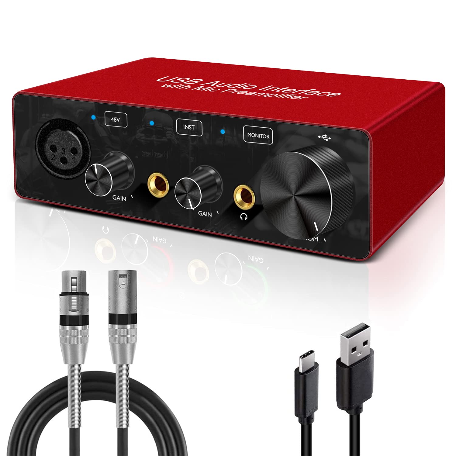 USB Audio Interface with XLR cable Audio Interface with Mic Preamplifier Audio mixer recorder with 48V Phantom Power, 24 Bit, Support Computer and Equipment Recording （（NO Software or DAW included））