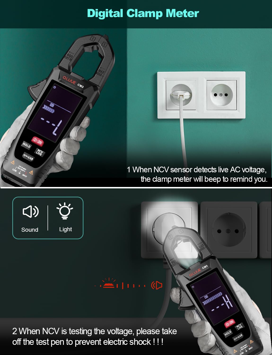 Clamp Medidor de tensión, multímetro CA/CC, prueba de voltaje con comprobador automático NCV, medición de corriente, temperatura, capacidad, resistencia, continuidad