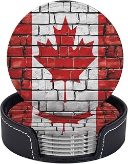 Heat Resistant Round Leather Coasters Set of 6, Canadian Flag, Durable Drink Coasters for Kitchen Office Use, Eco-Friendly Beverage Coasters with Storage Box for Home Decor