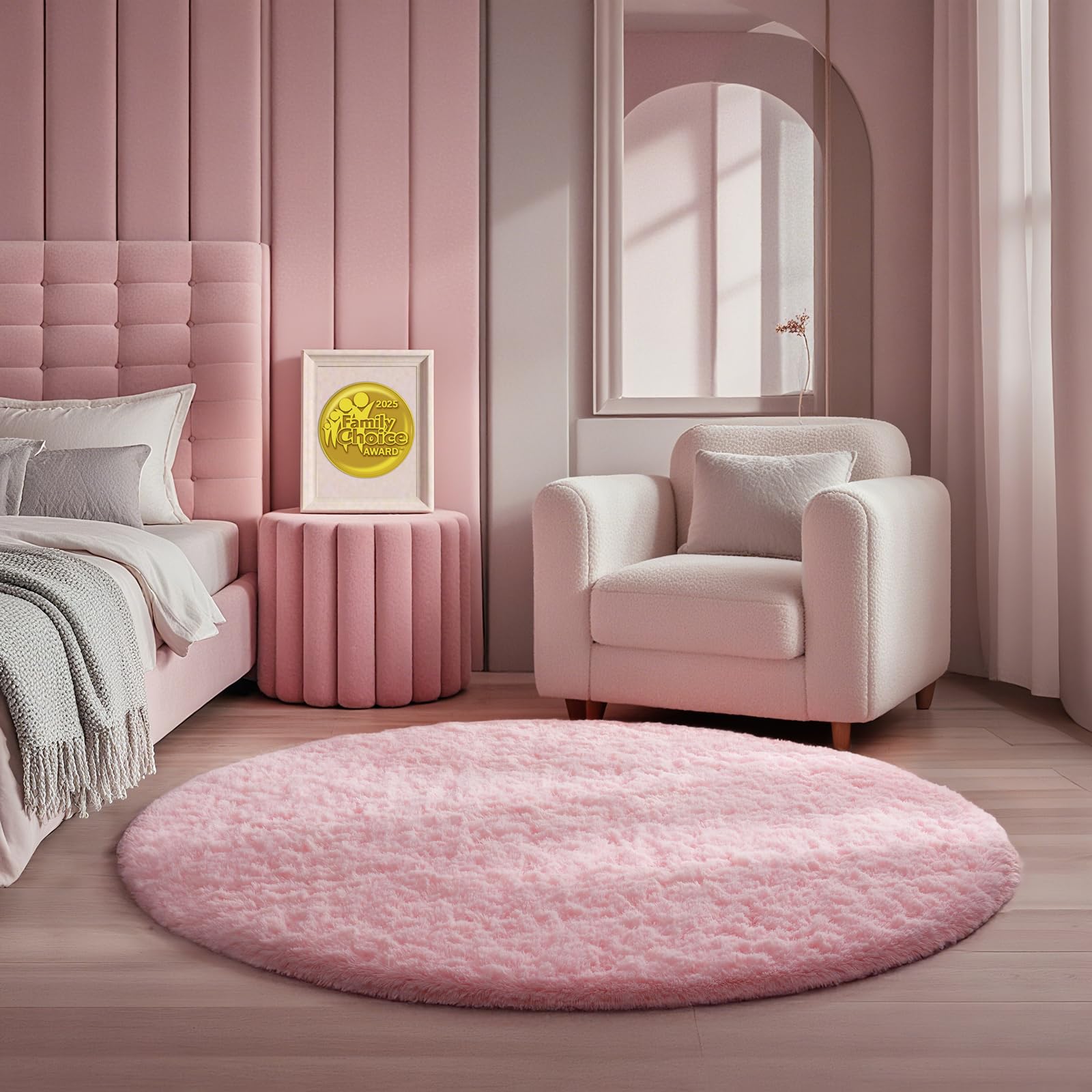 Photo 1 of ***HAS ODOR*** Ophanie Soft Fluffy Shaggy Rugs for Bedroom Living Room Dorm Nursery Home Decor Aesthetic,Color Pale Pink, Size 4' Round