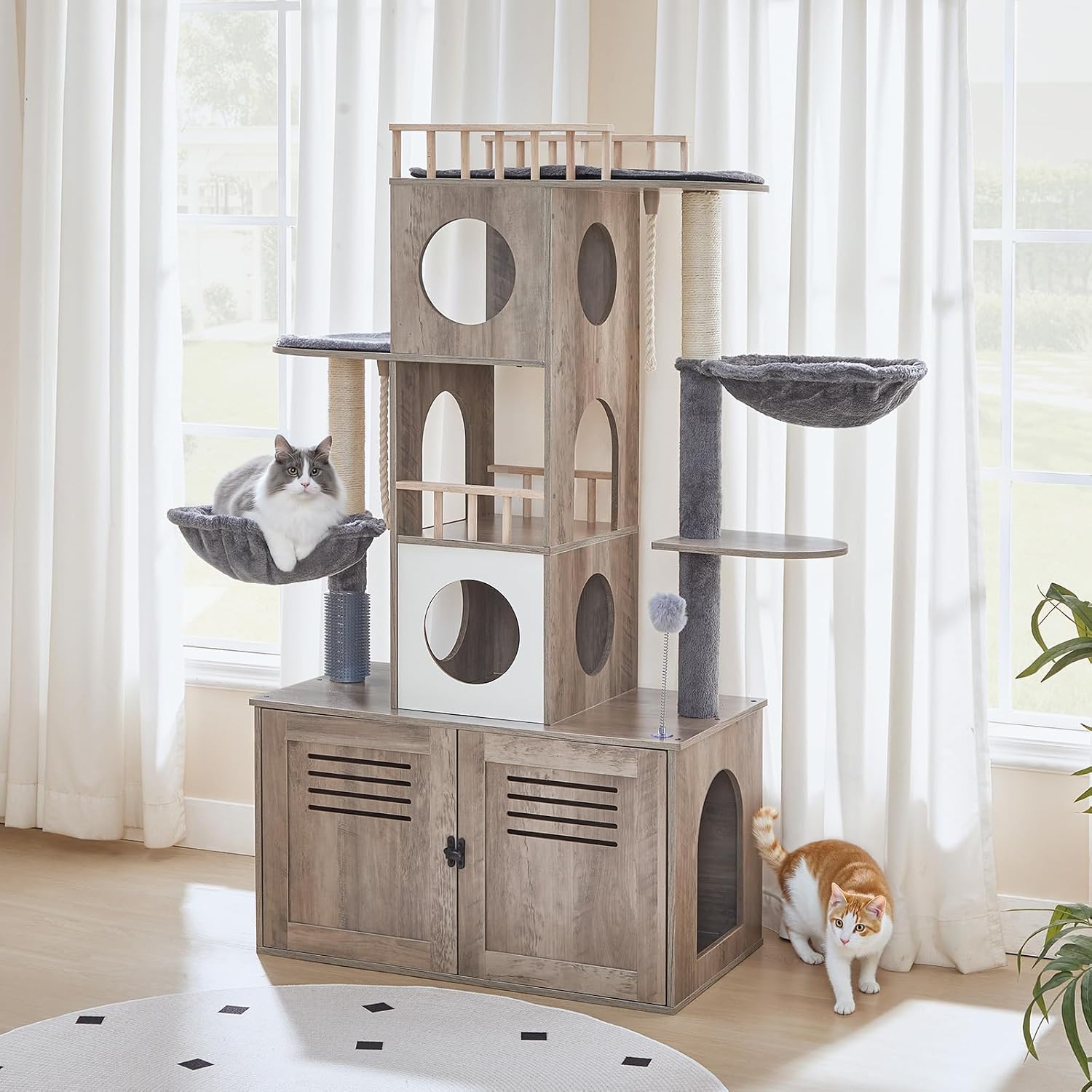 HOOBRO Cat Tree with Litter Box Enclosure, 31.5" L x 17.7" W x 57" H, Cat Tower with Hidden Litter Box, Cat Furniture for Indoor Cats, Cat Condos, Scratching Posts, Hammocks, Greige BG33MZ03