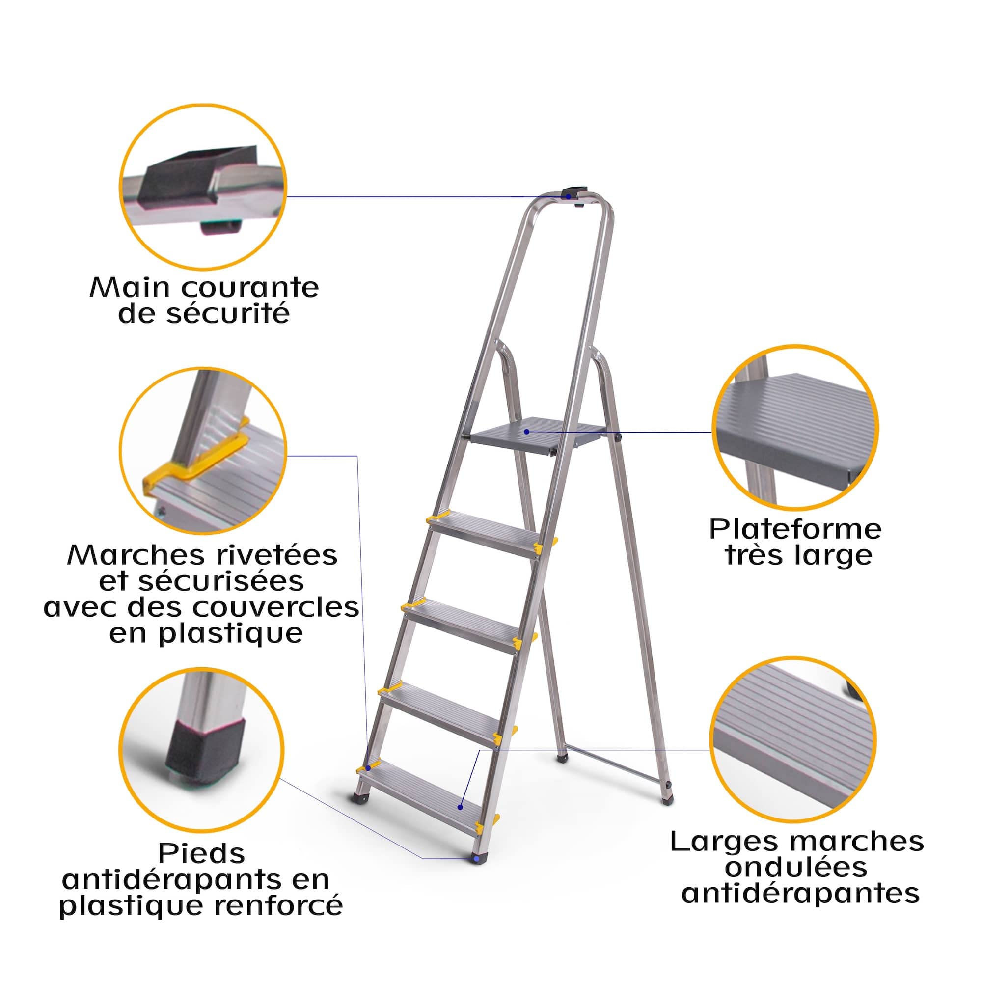 HOSTRÖM Escabeau 5 marches DURA Pliable, marchepied léger en Aluminium, Hauteur Plateforme 97cm, Pieds antidérapants, Charge 150kg, Garantie 5 Ans