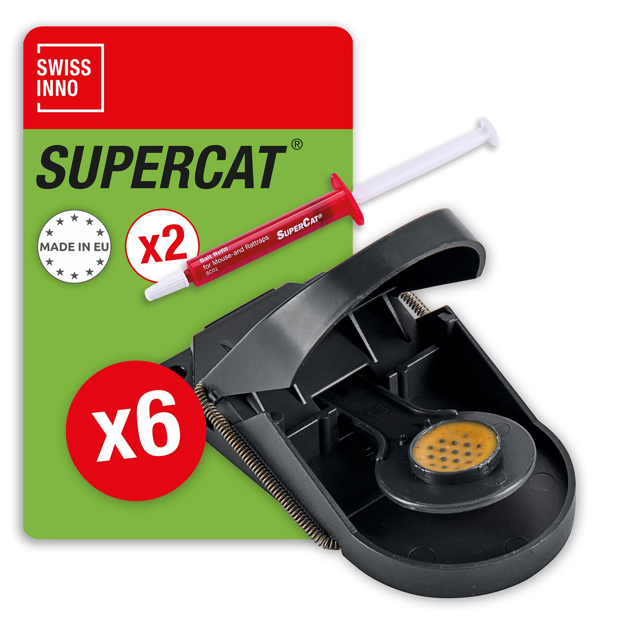 SWISSINNO Mausefalle SuperCat – 6 Schlagfallen + 2 Köderspritzen – Effektive Mausefalle mit Köder für Haus & Garten – Wiederverwendbare Mäusefalle für drinnen & draußen – Präziser Fangmechanismus