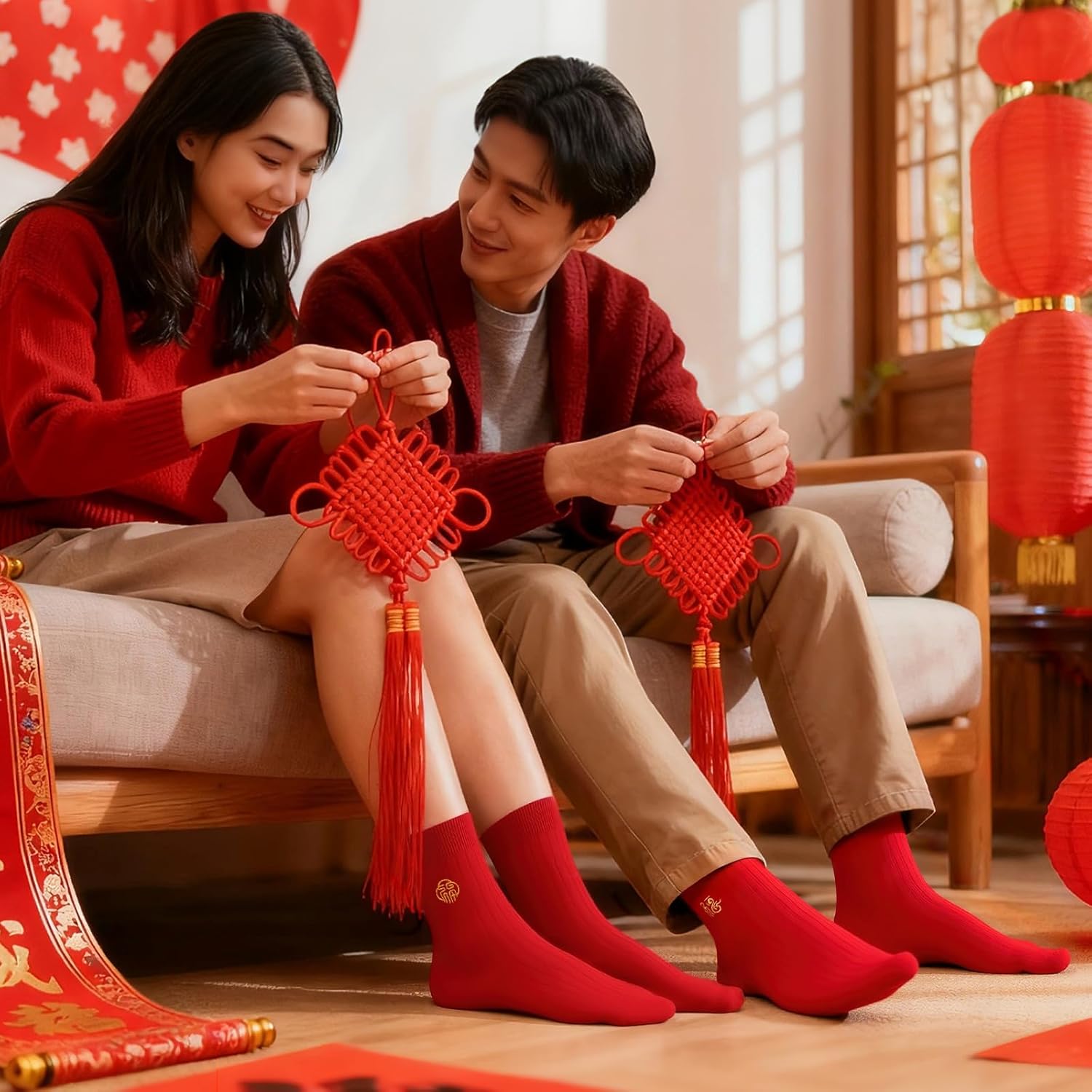 5 Pairs Chinese New Year Red Socks Crew Sports Casual Comfortable Calf Socks China Socks Red Fortune Cotton Sock Set Embroidery Fu for Woman Men Gifts - Image 5