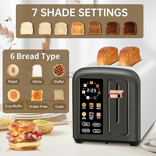 Miniatura 2 de SEEDEEM Tostadora de 2 rebanadas, pantalla táctil real con pantalla LCD, función de una sola rebanada, tostadora de acero inoxidable, calentamiento