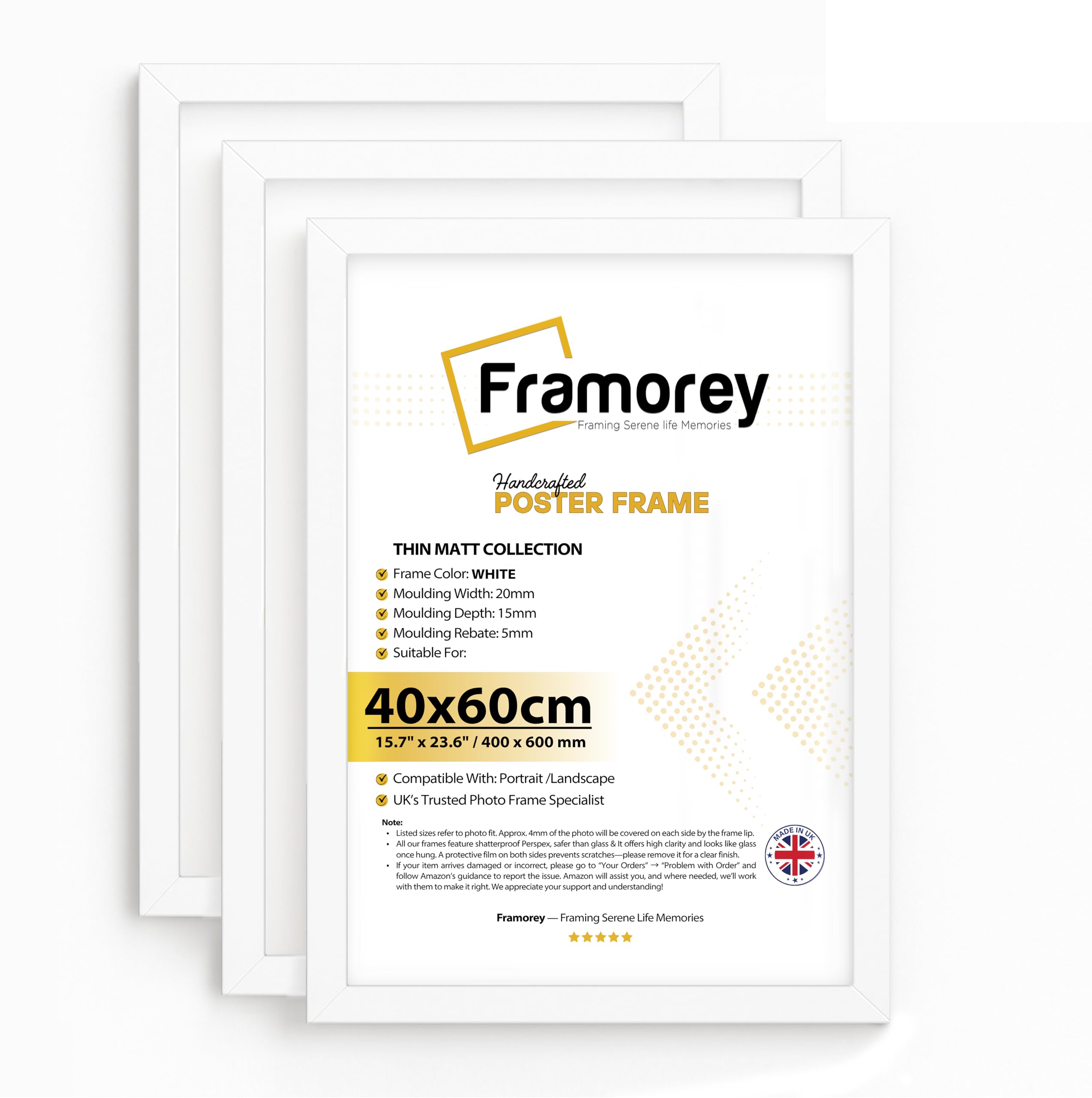Framorey Framing Serene Life Memories White Framorey 3 Pack - 60X40cm Modern Photo Frames- Engineered Wood Picture Frame With Perspex Front - Ideal For Certificates - Photo Frame For Print, Certificate, Photo - Only Hang On The Wall