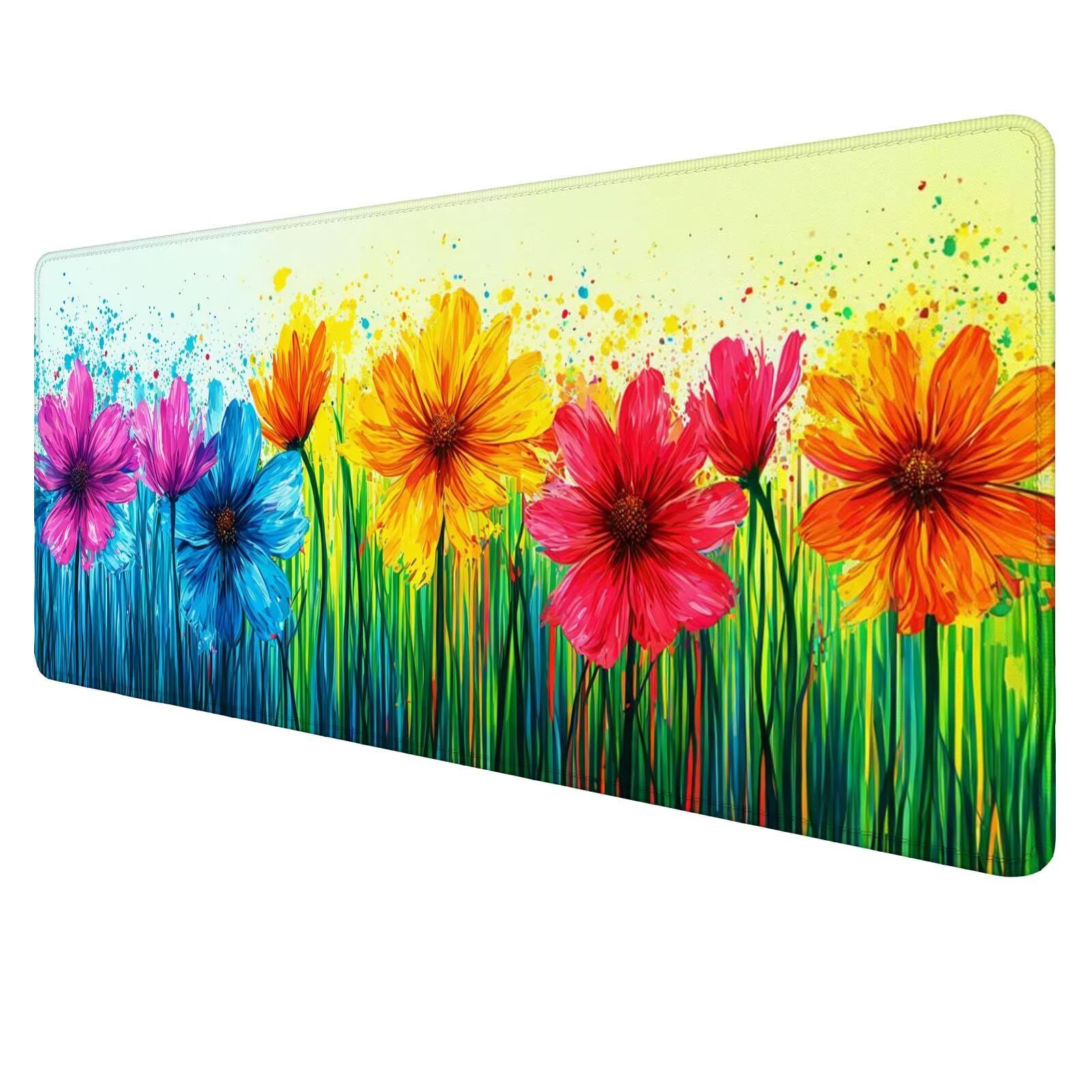 Kwiatowa duża podkładka pod mysz do gier niebieska podkładka na biurko XXL 1400 x 700 x 3 mm, mata komputerowa akcesoria biurowe z antypoślizgową podstawą do klawiatury i myszy dla graczy J144