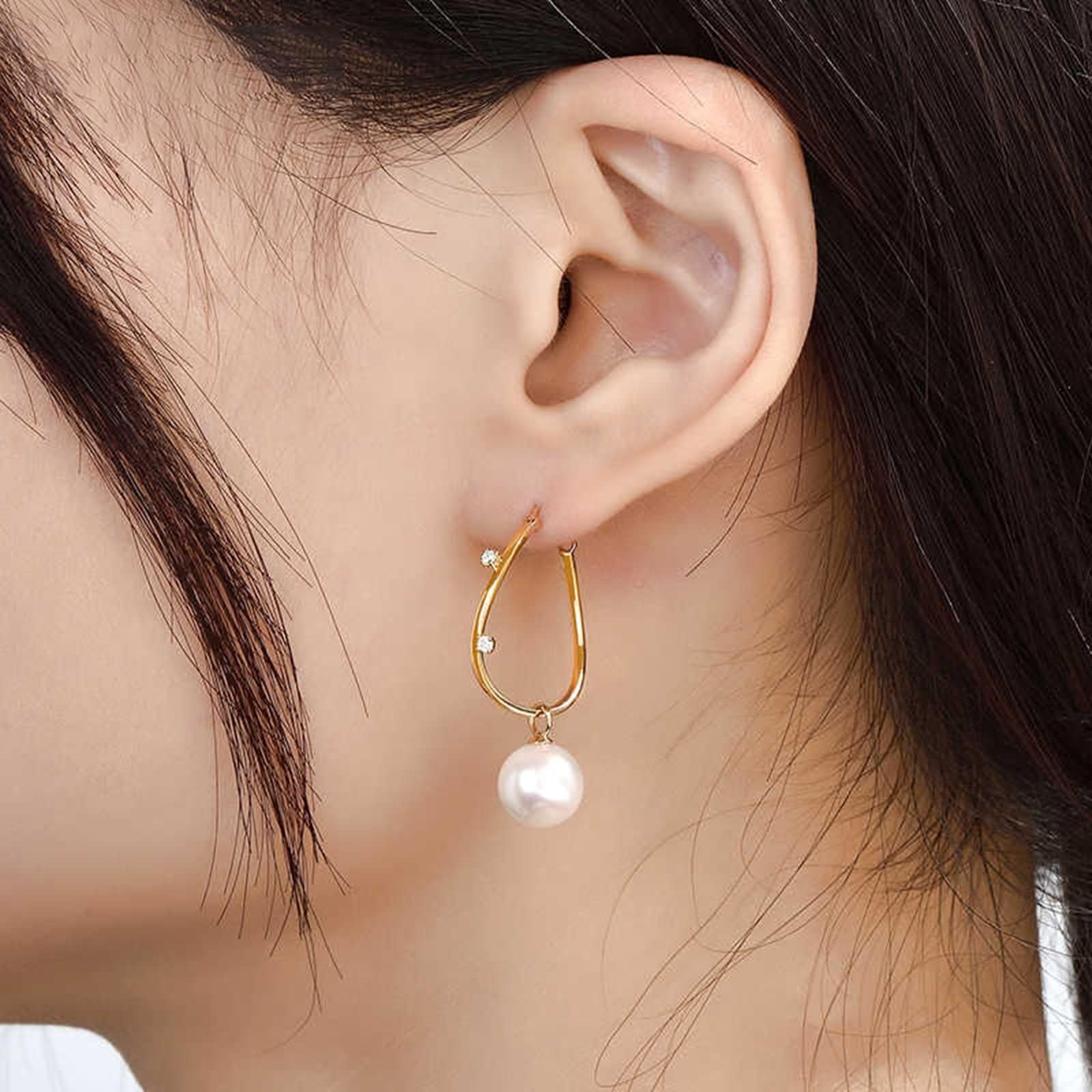 Ohrringe für Damen 9K / 14K / 18 Karat Gelbgold, 8,5-9MM Perle mit Diamant 0,07 Karat, Damen Ohrringe Hänger Gold