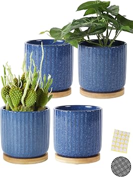 4 Inch Ceramic Plant Pots with Saucer & Drainage Hole Set of 4 | Cylinder Reactive Glaze Blue Vertical Stripes Planters with Trays for Herbs Cactus Flower Small Snake Plants Succulents