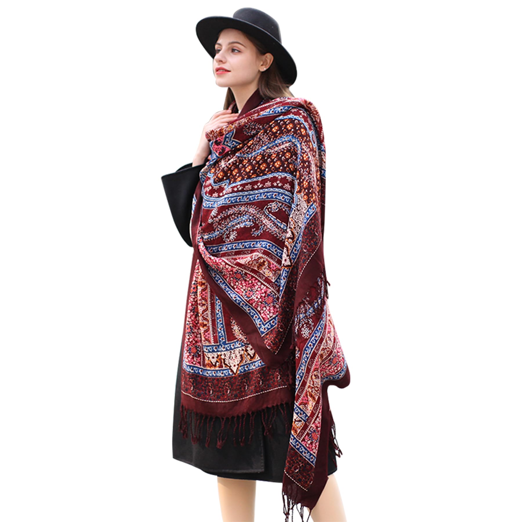 DANA XU 100% Merino Wool Extra Large Pashmina Blanket Travel Scarf Cashmere Wrap for Women Fall Winter Oversize Shawl Floral, Wine Boho Pattern, 96 * 43 INCHES