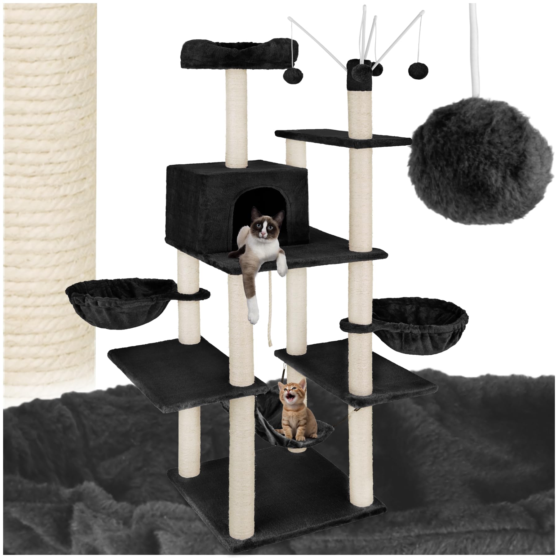 tectake® Grote kattenkrabpaal - Krabpaal met accessoires - XXL krabpaal met 4x kattenhuisjes - Speeltoren met ligplaatsen sisal palen - Wandmontage mogelijk - Hoogte 214cm - grijs - BCC.nl