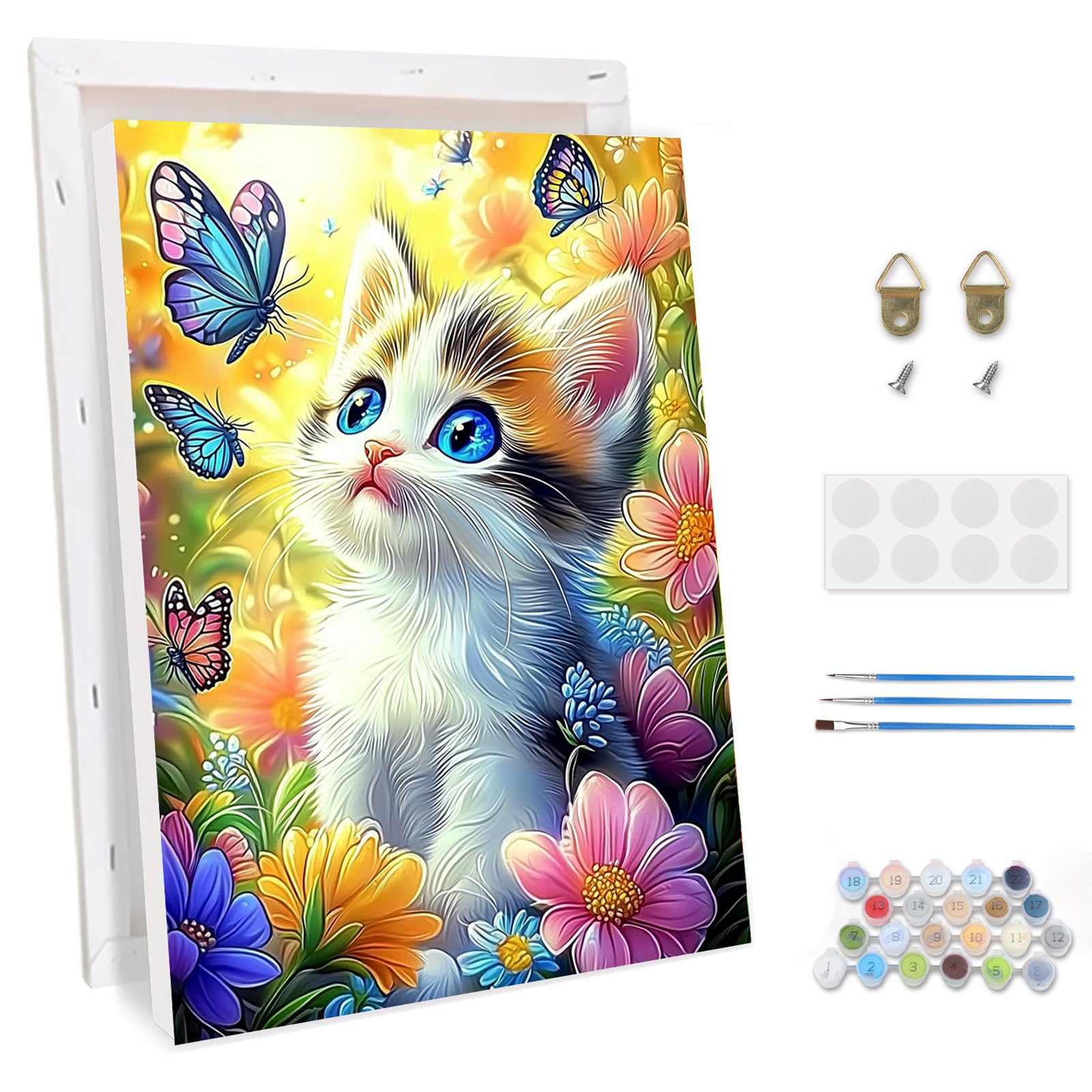 TOSTOG Paint by Numbers Adults with Frame, Brush and Acrylic Paints, Cat Between Flowers, Painting Pictures for Adults for Family, Friends, Home Decoration (20 x 30 cm)