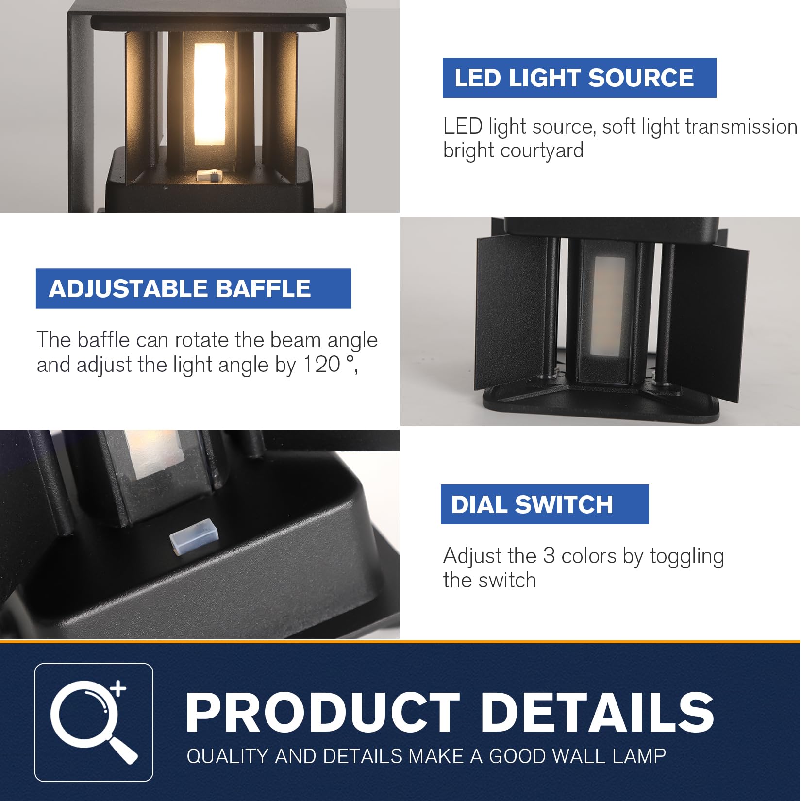 FUPE LED Aplique de Pared Exterior Interior Luz Ajustable de 3 Colores Lámparas de Pared Moderno Negro 15W IP65 Impermeable Apliques de exterior cuadrada de aluminio Ángulo de luz ajustable 11CM — view 6
