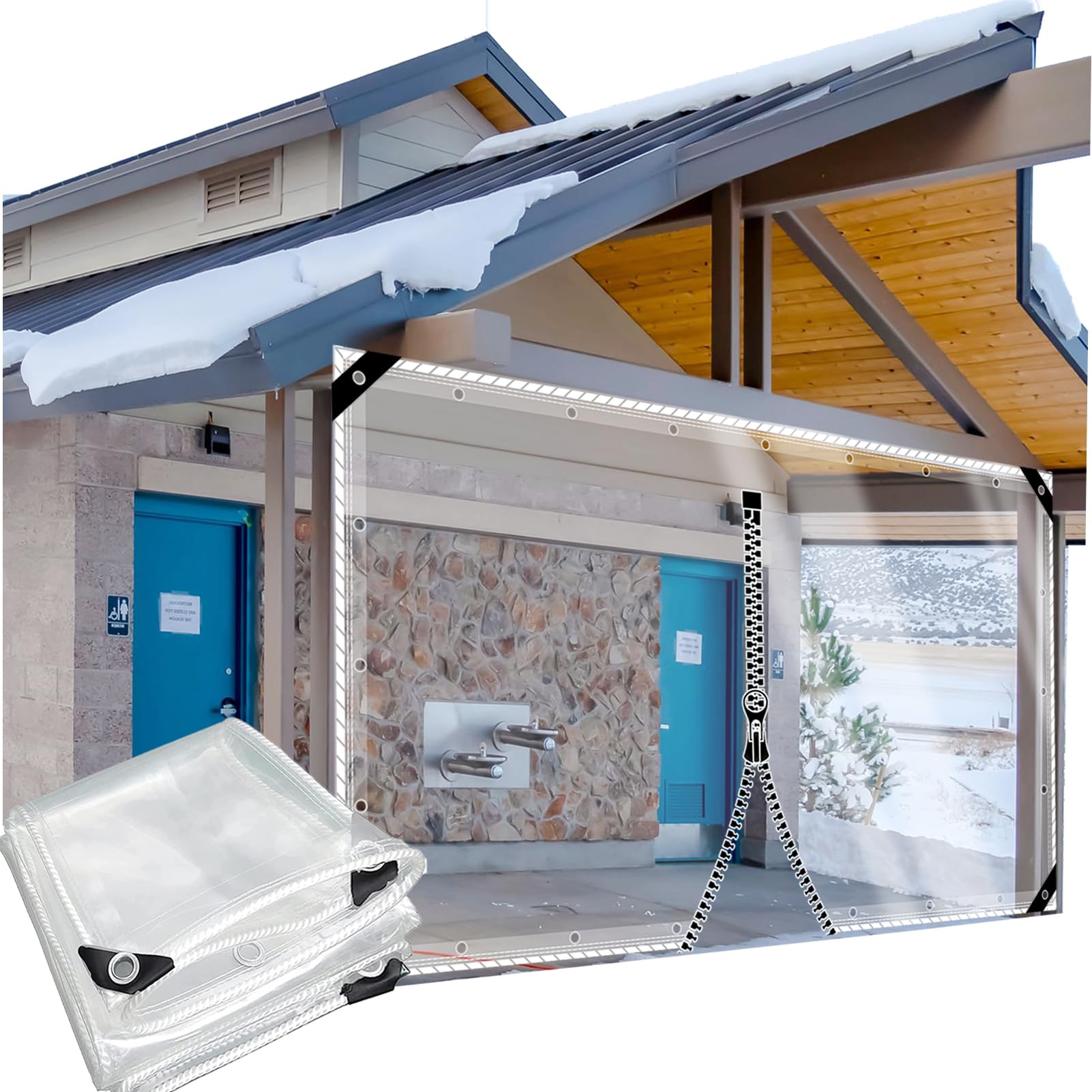 CAQXAQP Clear Heavy Duty Tarpaulin with 1 zip– 600gsm Waterproof Tarp PVC 2.4mx4.1m with Eyelets – Transparent Gazebo Side Panels for Pergola Garden & Balcony Rain Cover