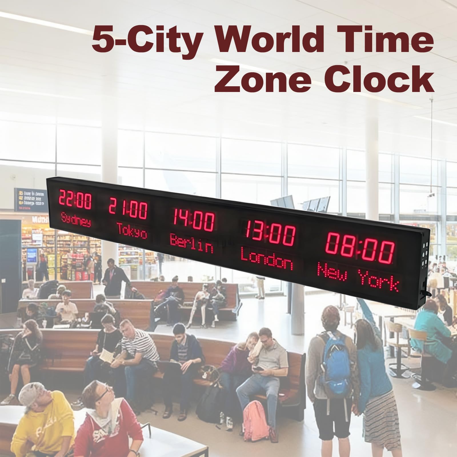 Orologio digitale mondiale, ampio display, luminosità regolabile, alloggiamento in alluminio, fuso orario per hotel, uffici, aeroporti