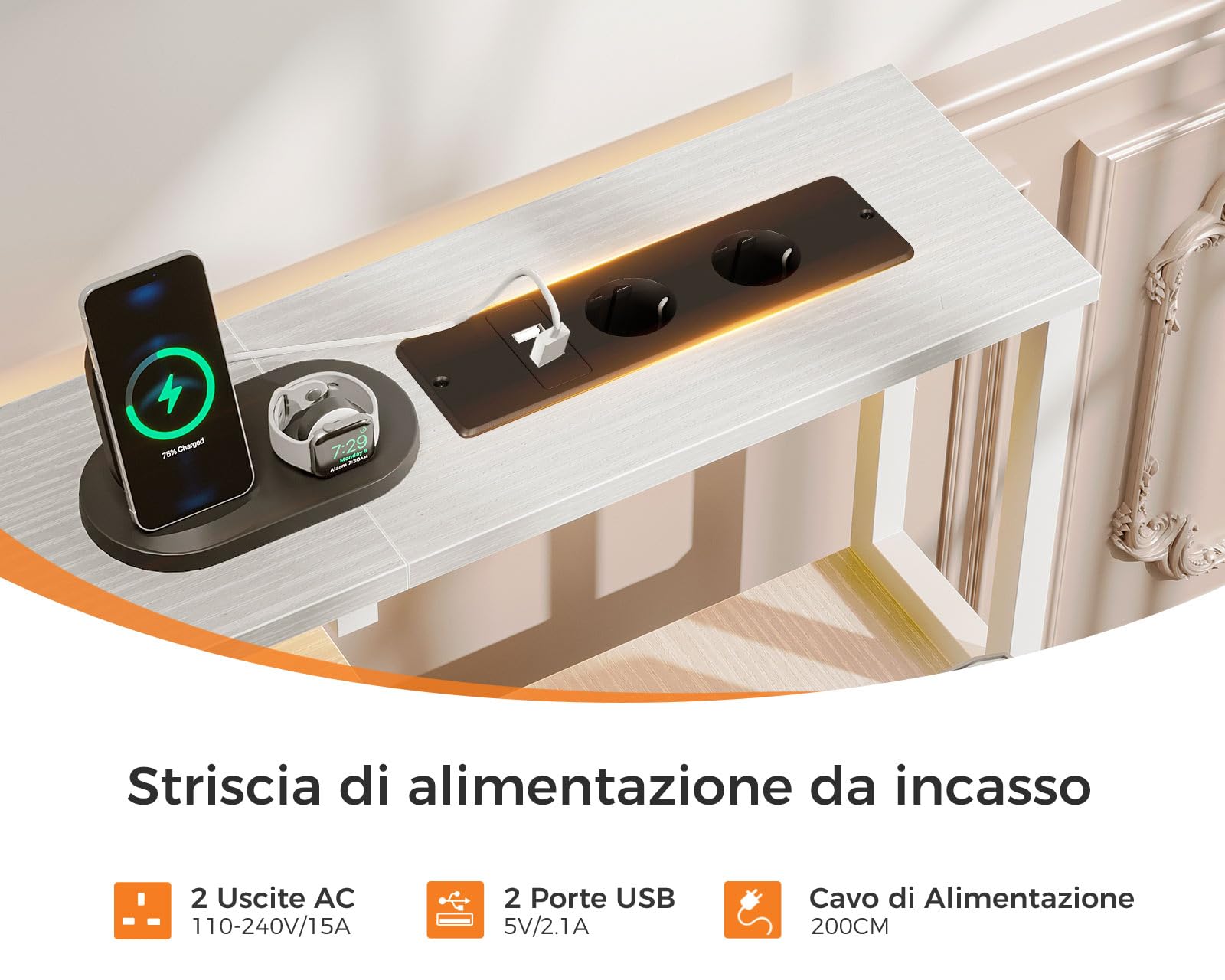 Coleshome Scrivania Gaming con LED e Prese, 140x48cm Scrivania con 2 Cassetti, Tavolo Computer Reversibile con Supporto Monitor e Vassoio per Tastiera Ufficio Casa,Bianco