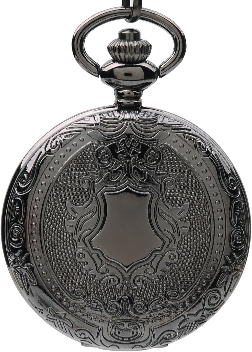 Hydia Pocket Watch Antique Black Look Full Hunter Case Quartz Movement White Dial with Chain