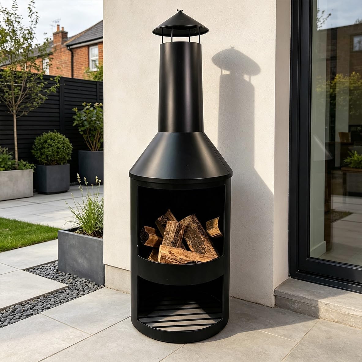Samuel ALEXANDER Luxury 140cm Tall Outdoor Chiminea For Garden Log Burner Patio Fire Pit with Log Storage Garden Heater