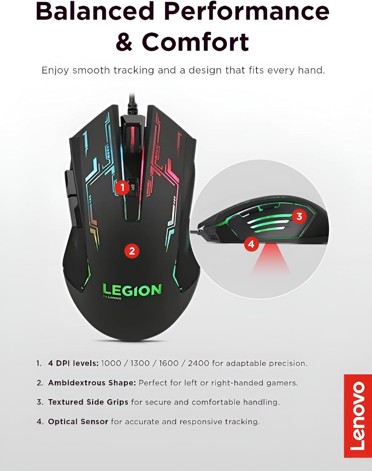 Lenovo Legion M200 RGB Gaming Mouse highlighting its balanced performance and comfort features