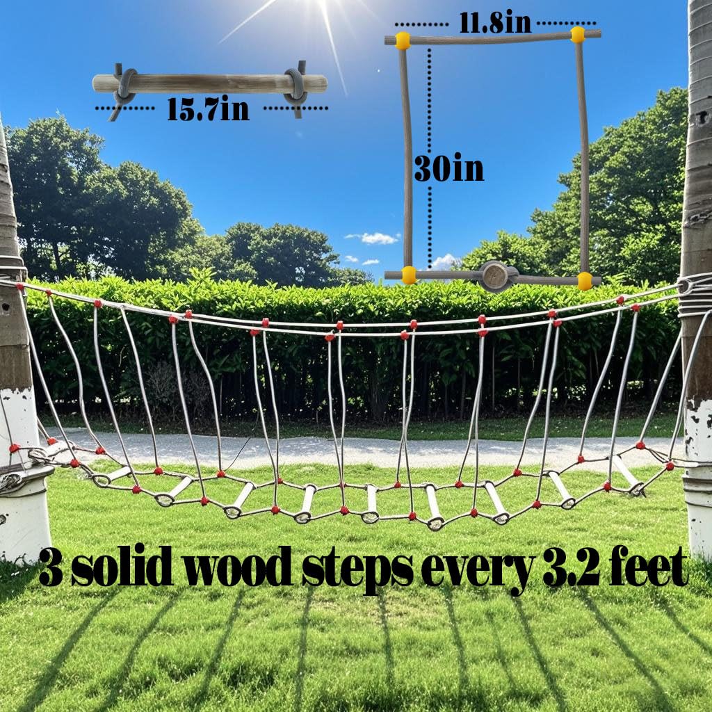 Outdoor Bridge Rope Ladder for Kids Rope Bridge Outdoor Obstacle Course Solid Wood Balance Climbing Bridge Double Slackline Accessories Rickety Bridge Suitable for Outdoor Activities (9.8 FT)